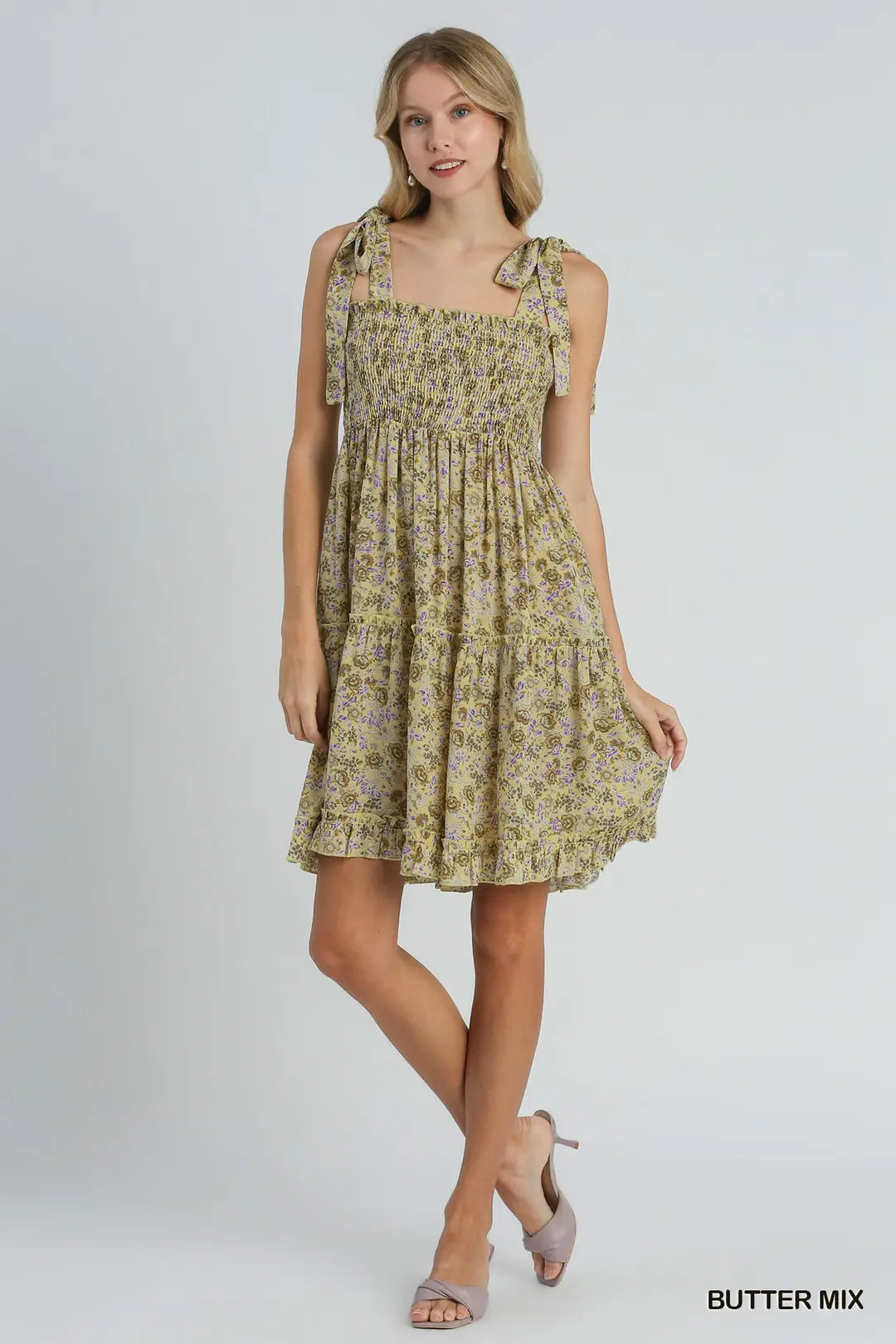 Floral Print A-Line Smocked Tie Strap Ru