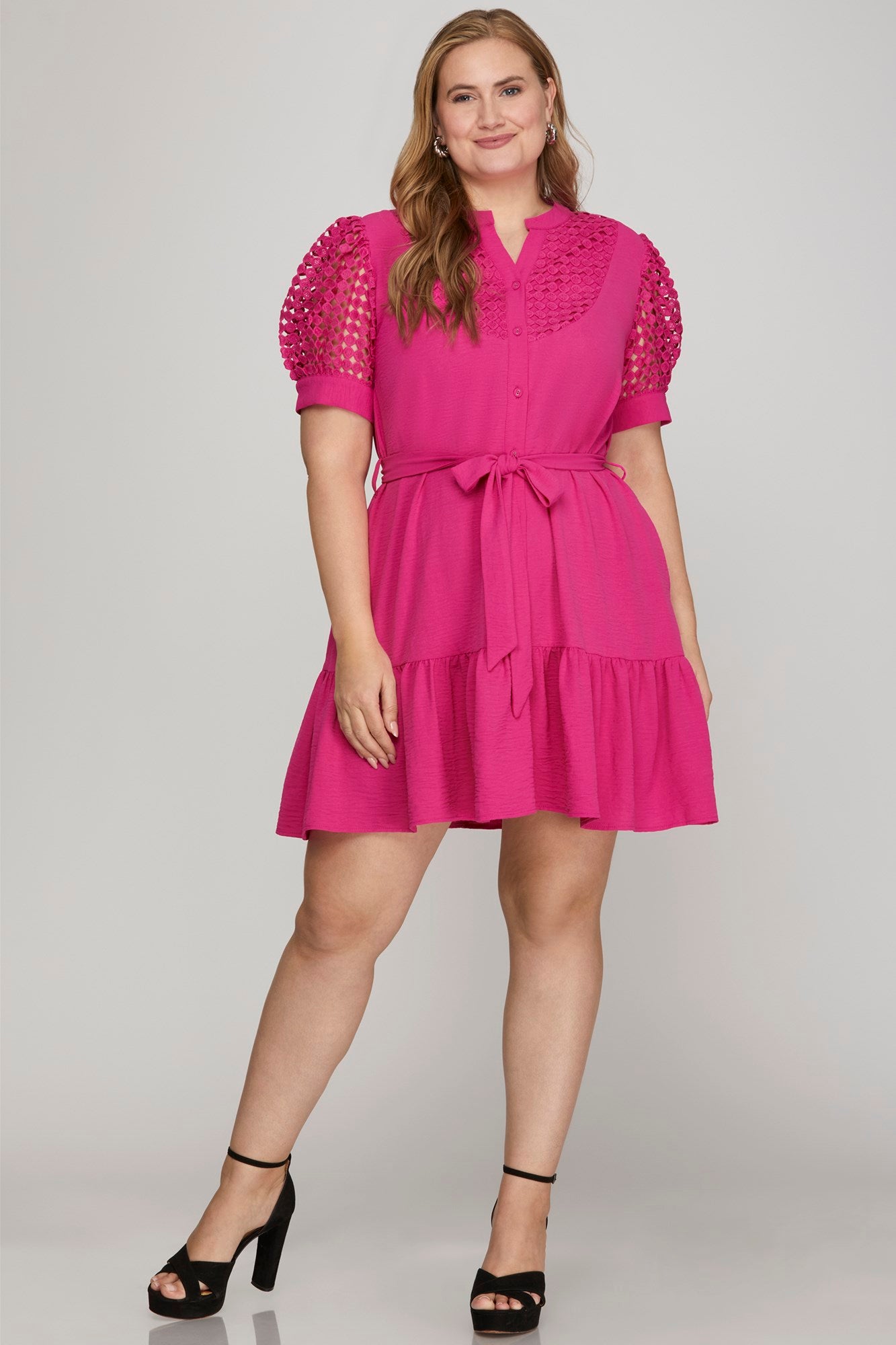 PLUS CROCHET LACE FRONT TIE BUTTON DOWN