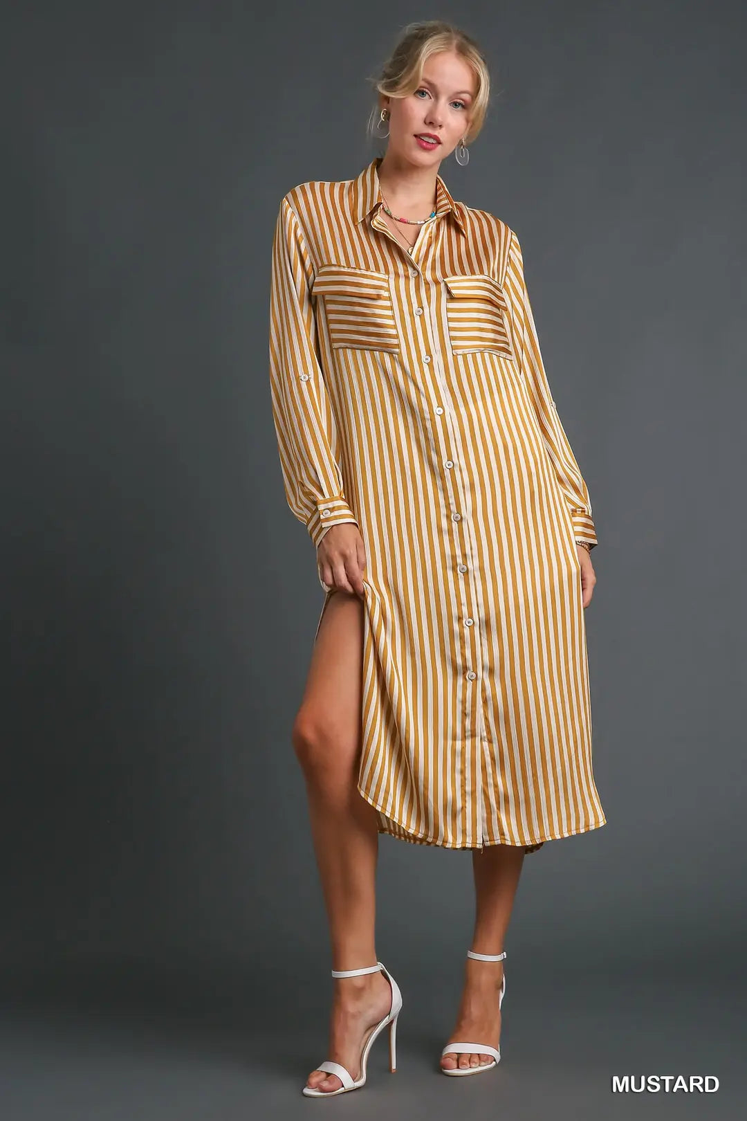 Striped Long Sleeve Button Down Midi Dre