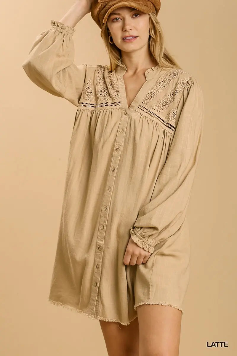 [K6230] Stone Wash Eyelet Detail Button Down Dre