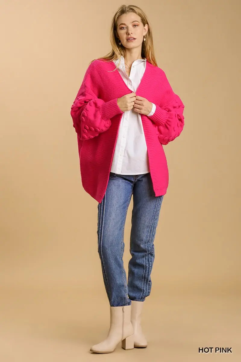 Open Front Cardigan Sweater with Pom Pom