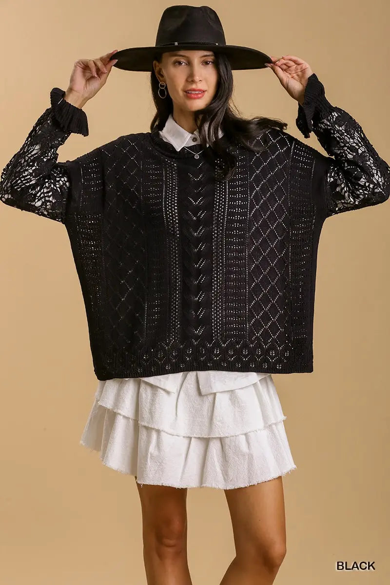 Crochet Lace Pointelle Knit Sweater