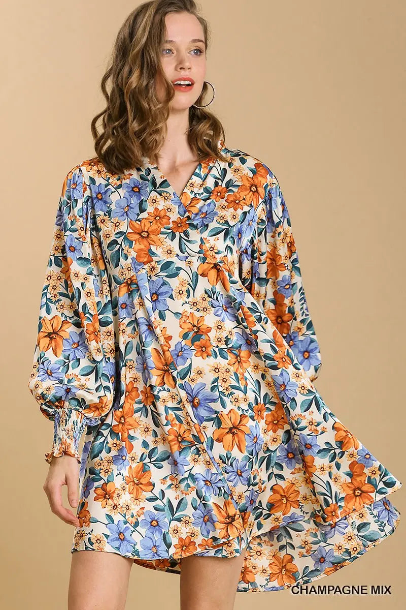 Floral Print Split Neck Long Sleeve Dres