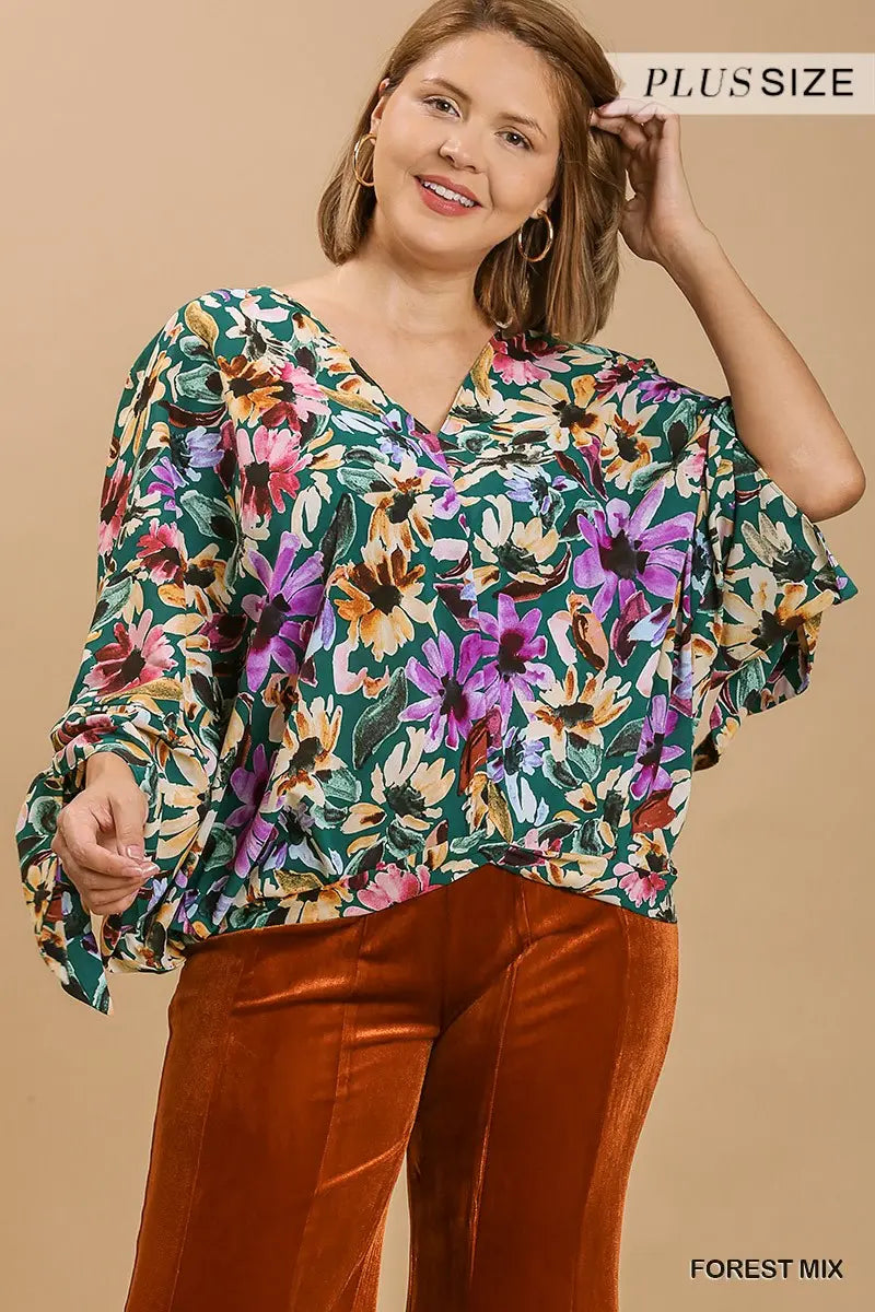 PLUS V-Neck Flower Print Tie Sleeve Top