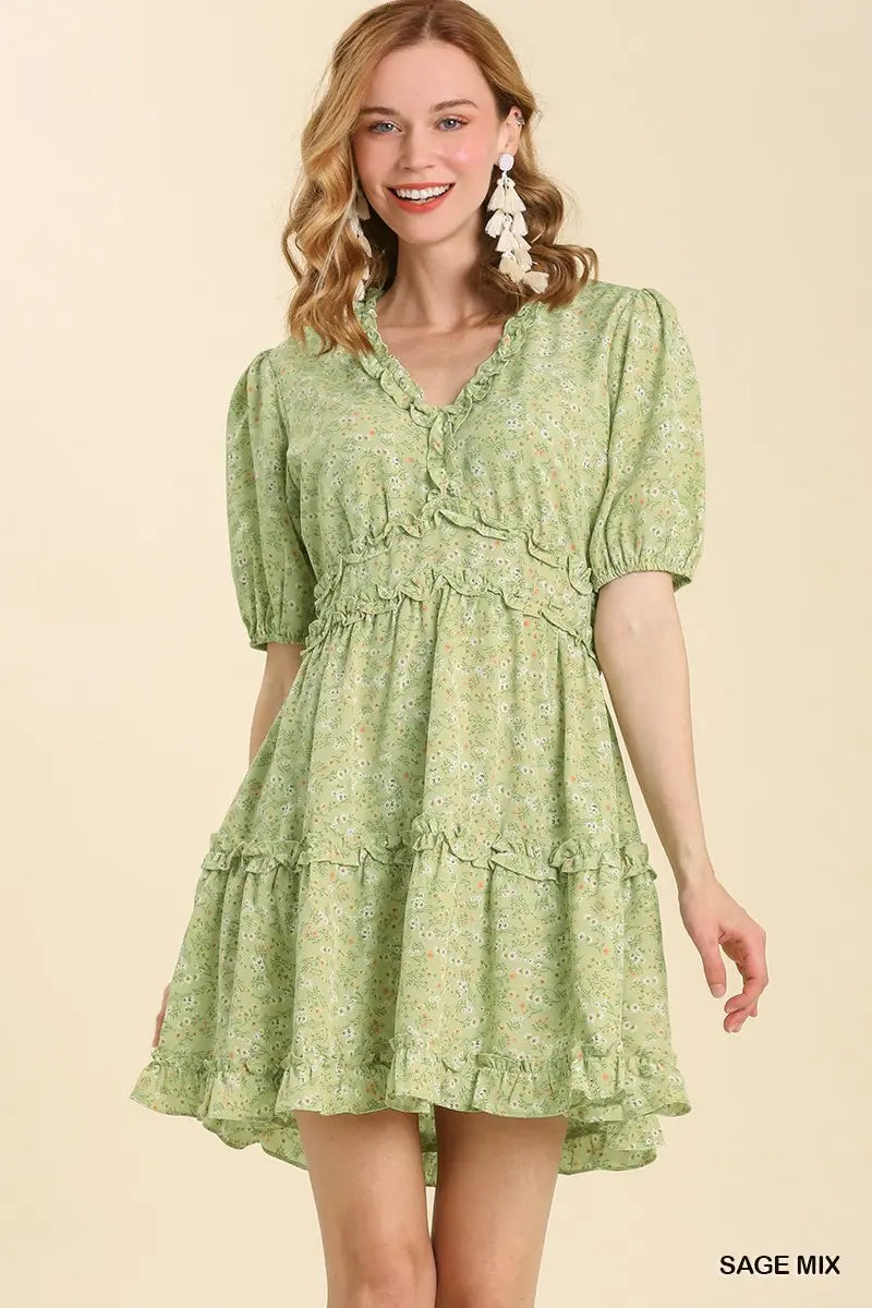 Floral Print Ruffle Detail Dress with Op