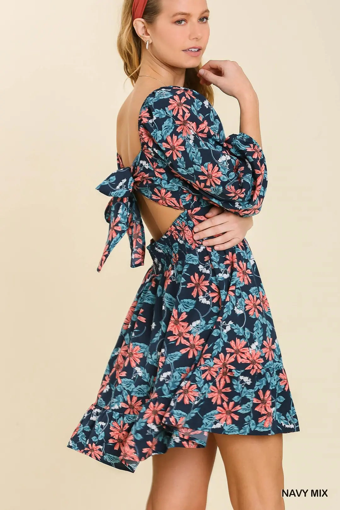 Puff Sleeve Dress with Cut Out Tie Back