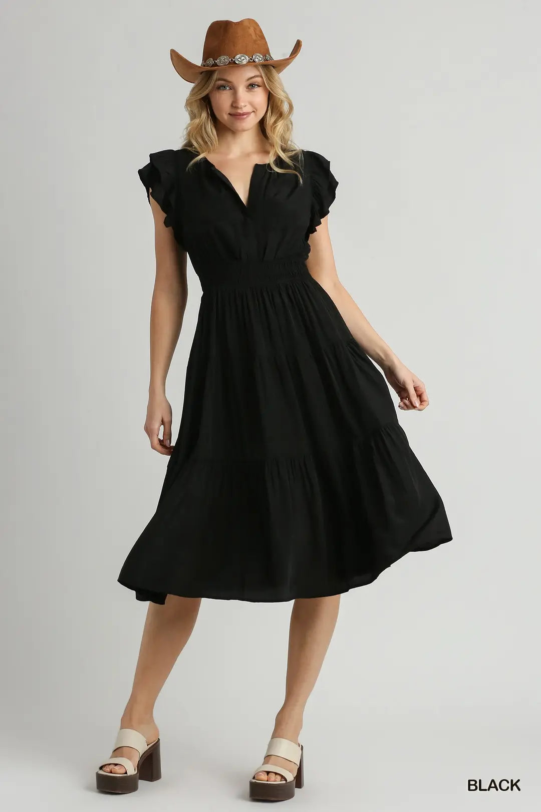 Flutter Sleeved Midi Dress with Smocked