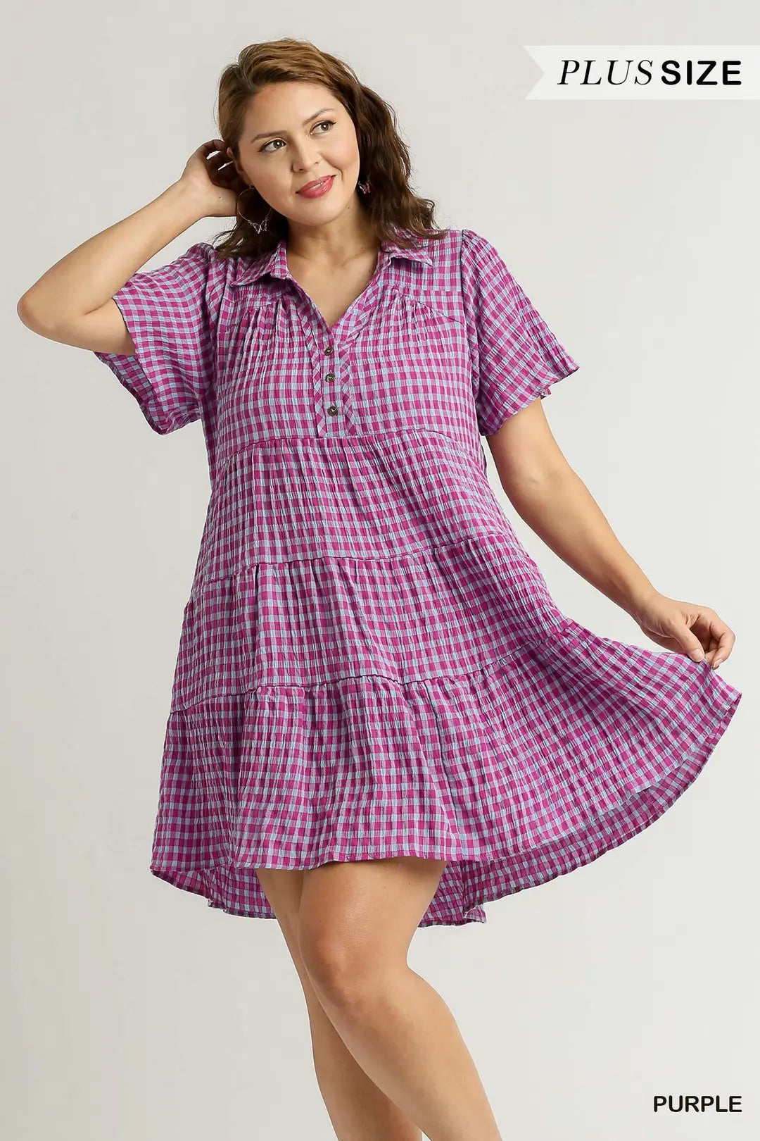 PLUS Gingham Tiered Collared Button Dress