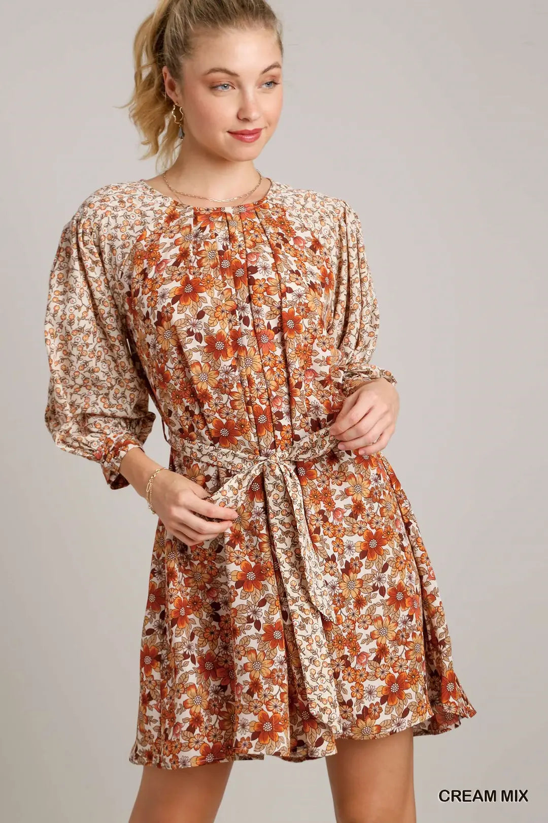 Floral 3/4 Sleeve Mix Print Dress with B