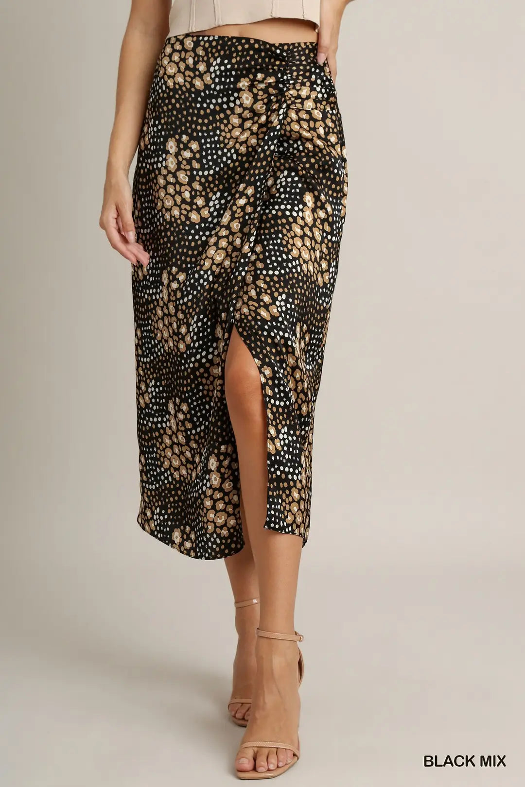 Satin Animal Print Slit Midi Skir