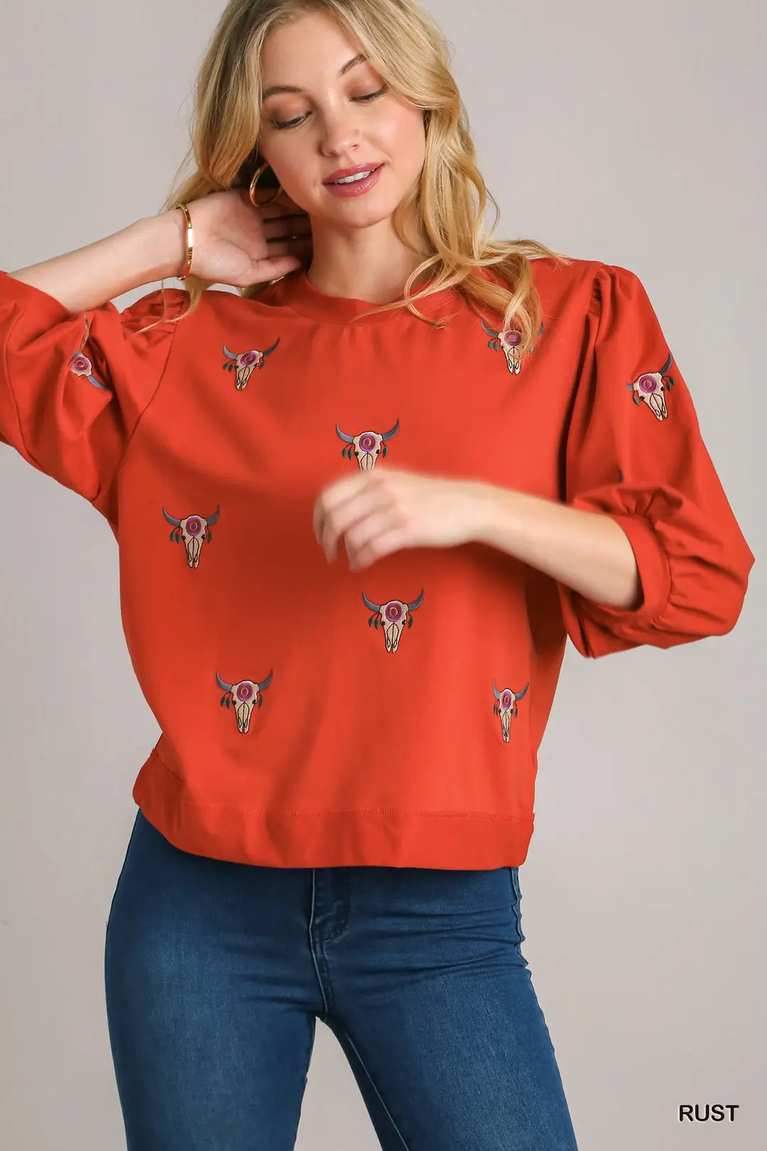 Crewneck 3/4 Sleeve Top with Embroidery