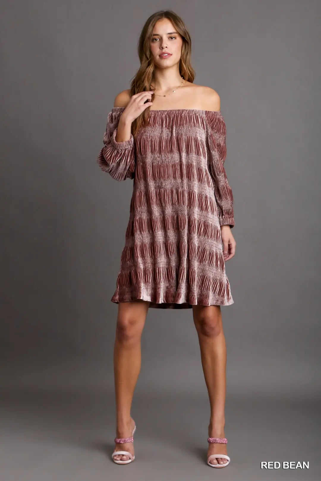 Velvet Off The Shoulder Dress with 3/4 B