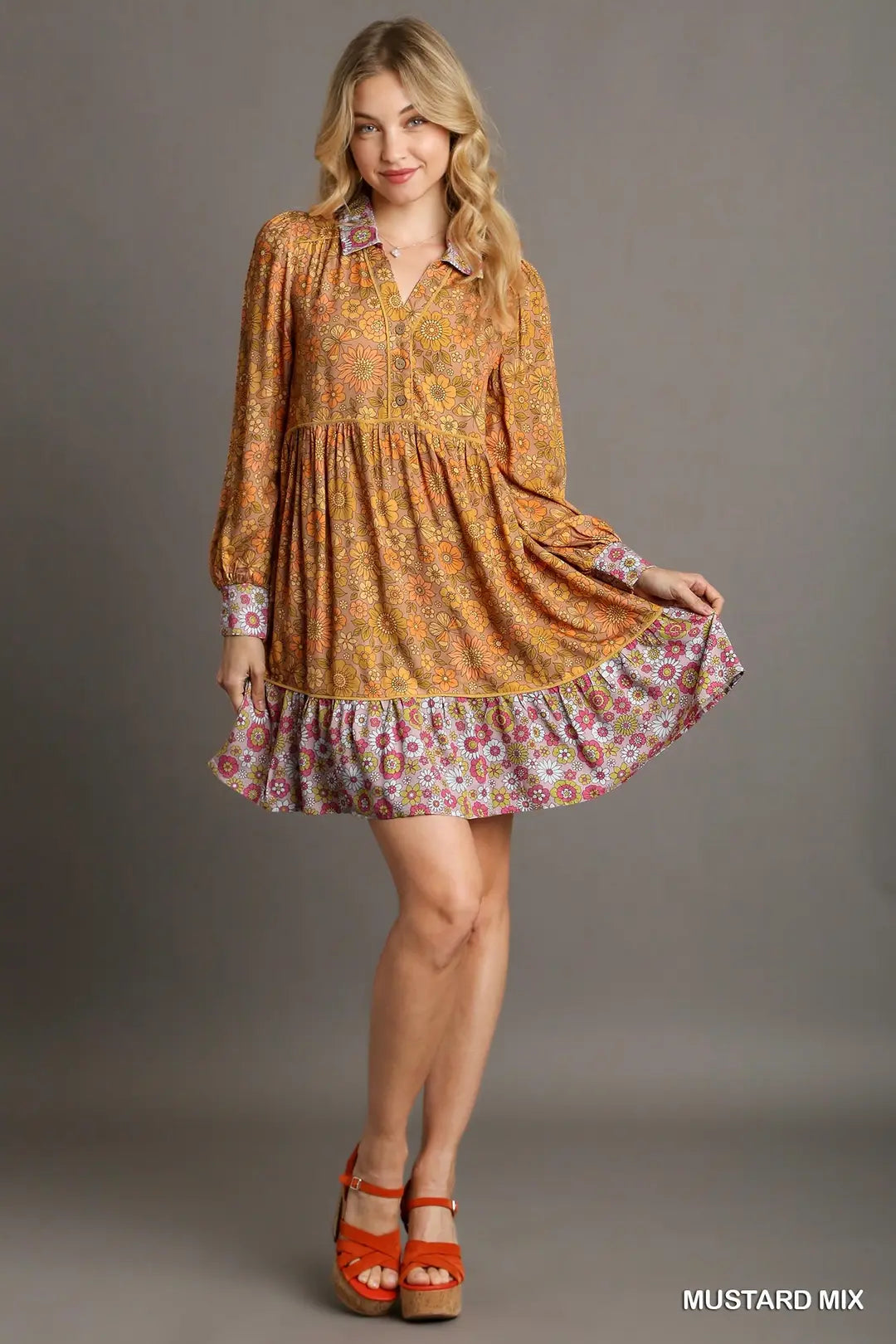 Mix Match Floral Print Collared Neck Dre