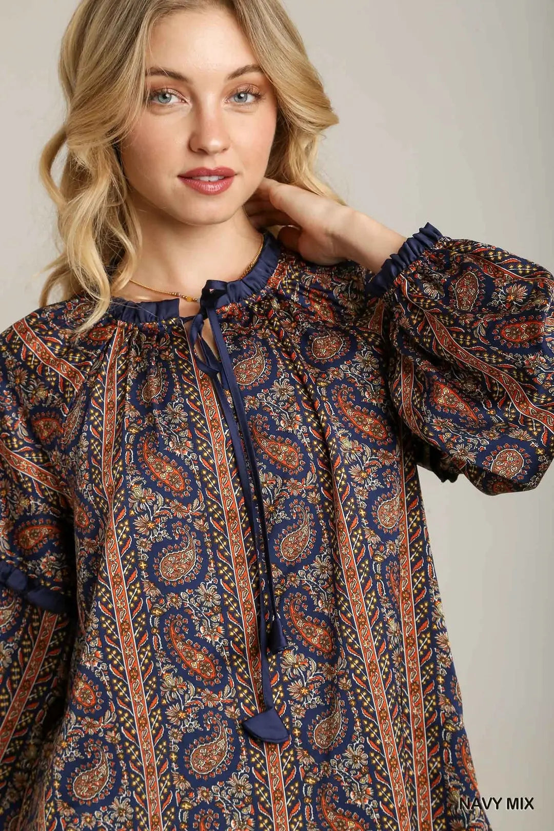 Paisley Printed Ruffle Round Neck Blouse