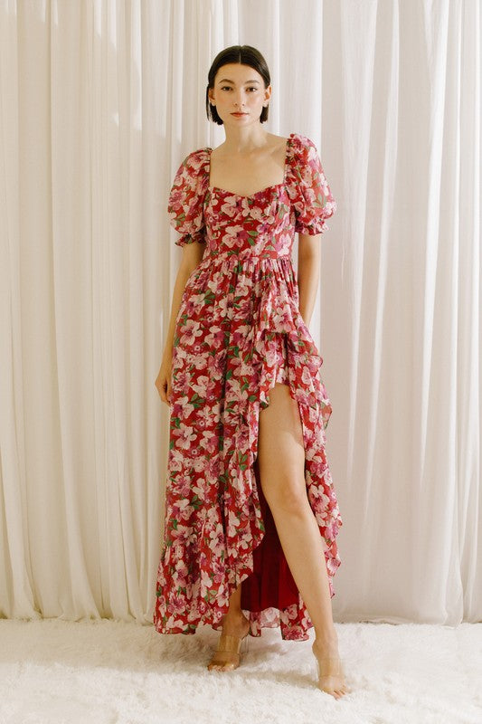 FLORAL RUFFLED HIGH LOW MAXI DRESS