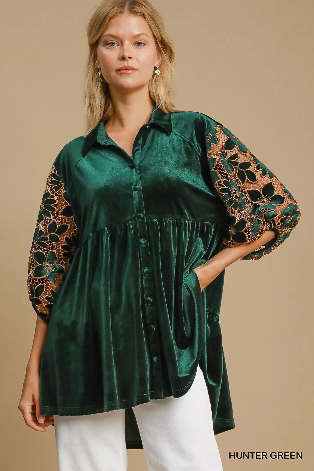Floral Lace Contrast Velvet Tunic