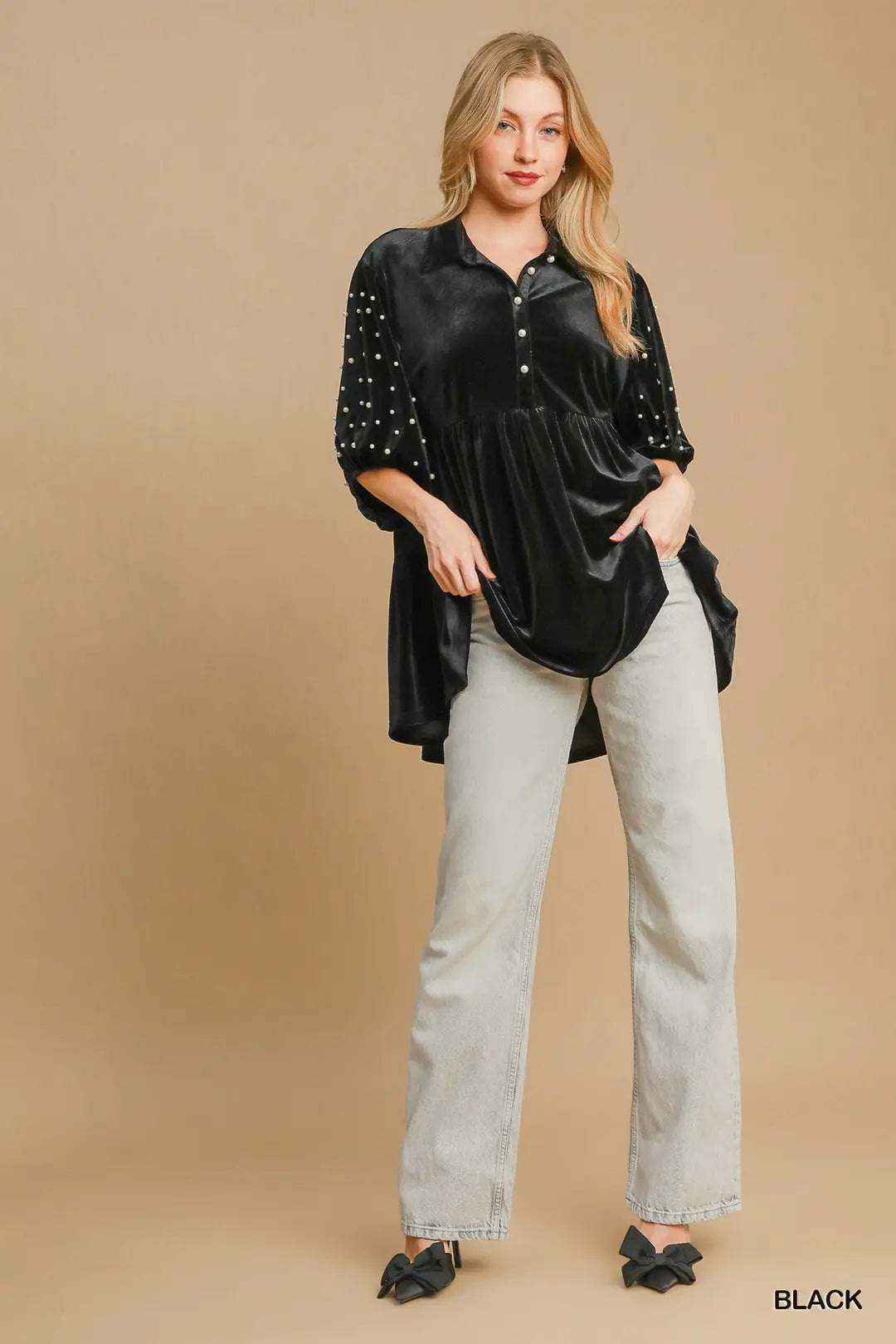 Pearl Detailed Velvet Tunic
