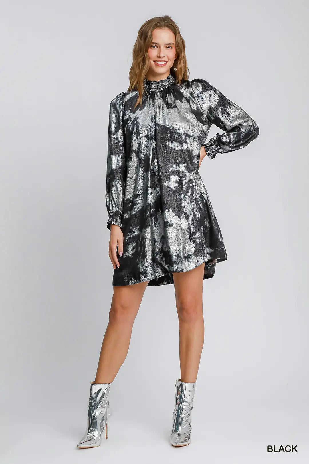 Ruffled High Neck Metallic Dress
