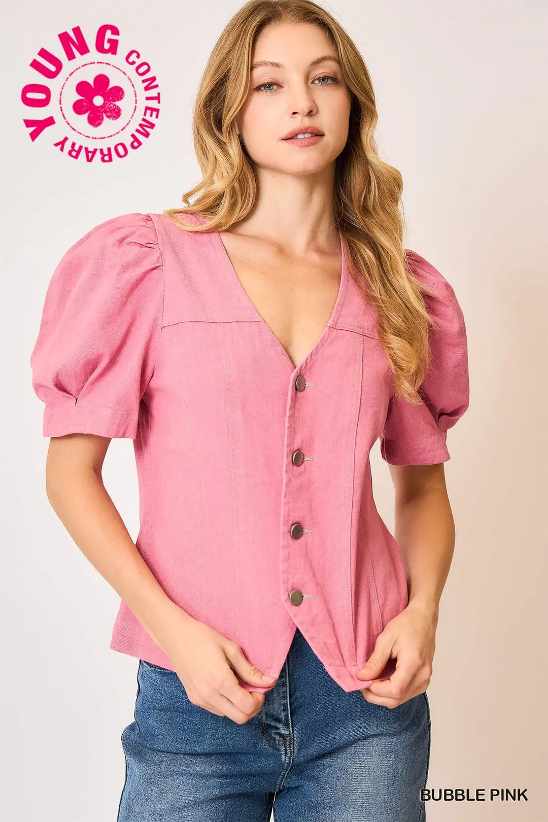 V Neck Denim Button Down Top