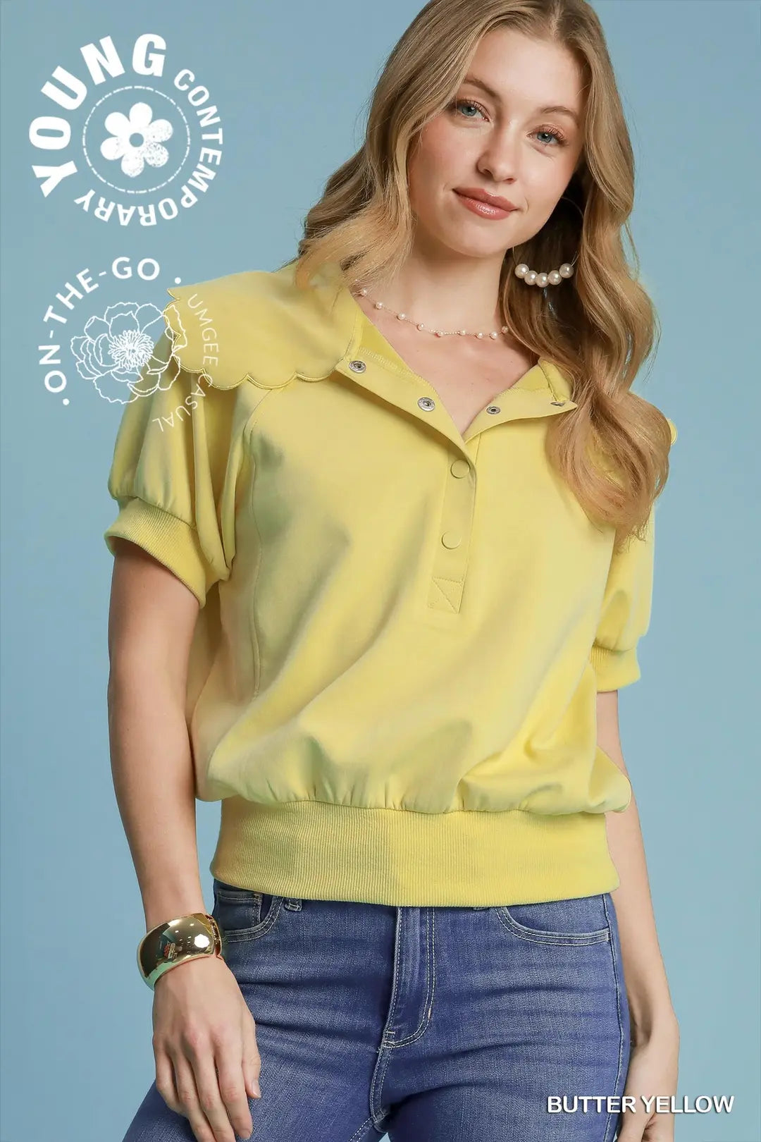 Scallop Collar Puff Sleeve Top