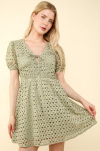 Load image into Gallery viewer, Puff Sleeve Eyelet Flare Mini Dress
