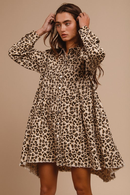 LEOPARD WASHED DENIM BUTTON DOWN DRESS – Dreams Boutique, LLC