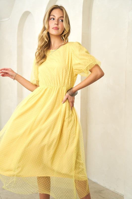 MESH PUFF SHORT SLEEVE RELAXED FIT MIDI