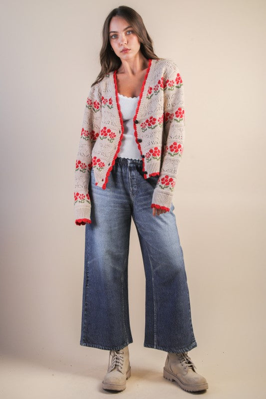 Floral Graphic Detail Knit Sweater Cardi