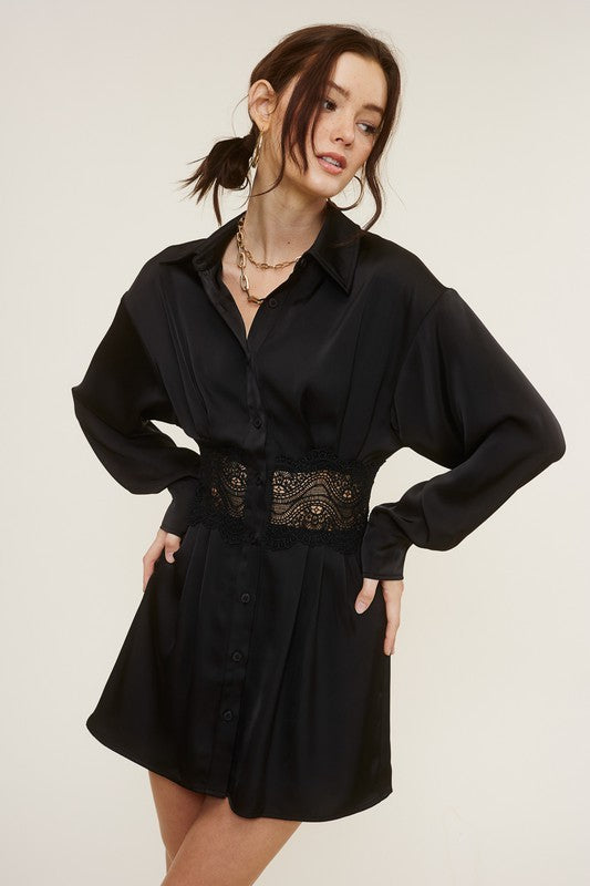 Collared Satin Dress With Sheer Lace Wri