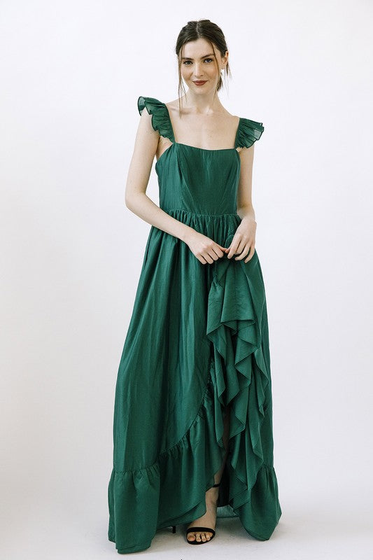 Solid Ruffle Slit Maxi Dress