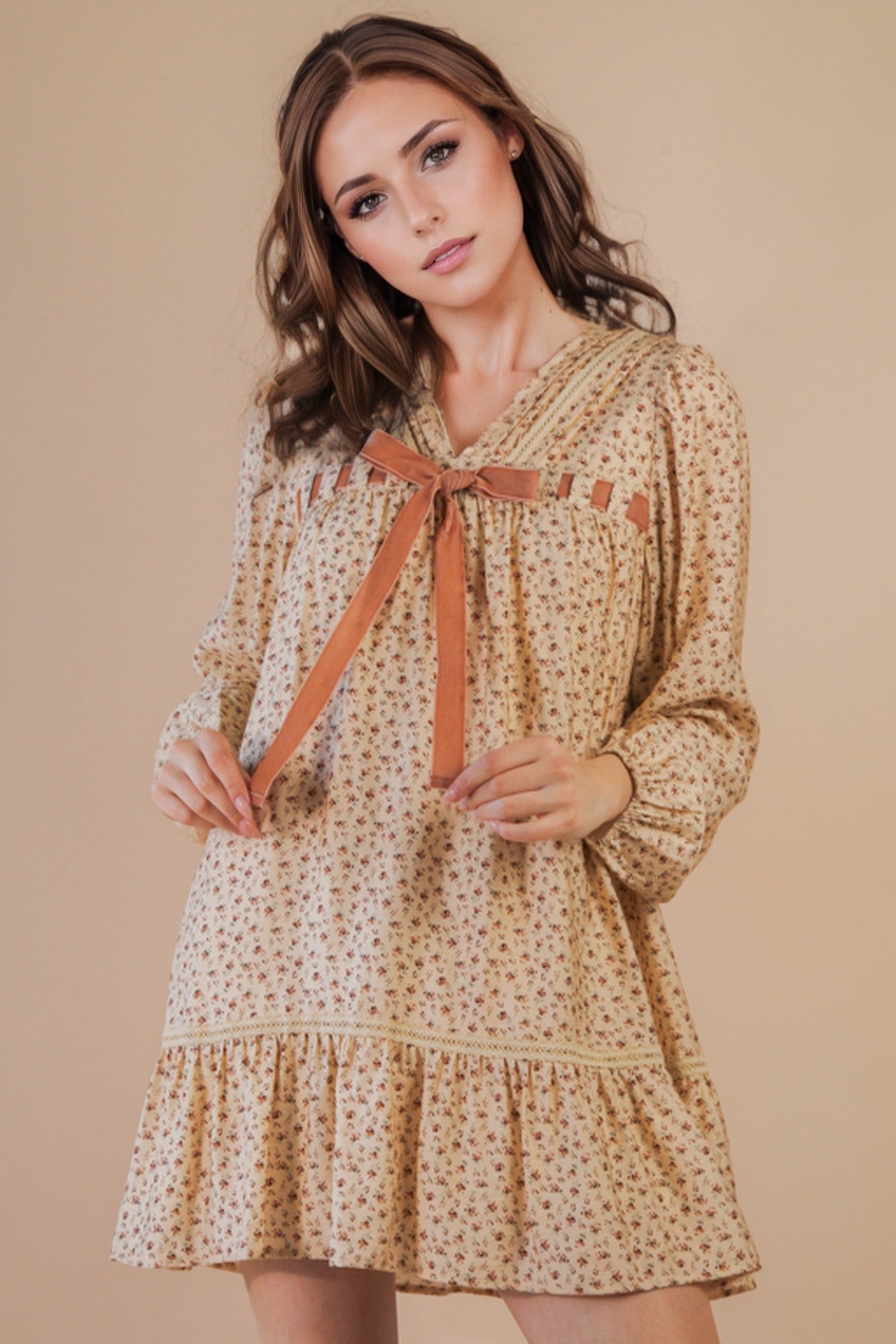 Floral Printed Front Bow Mini Dress