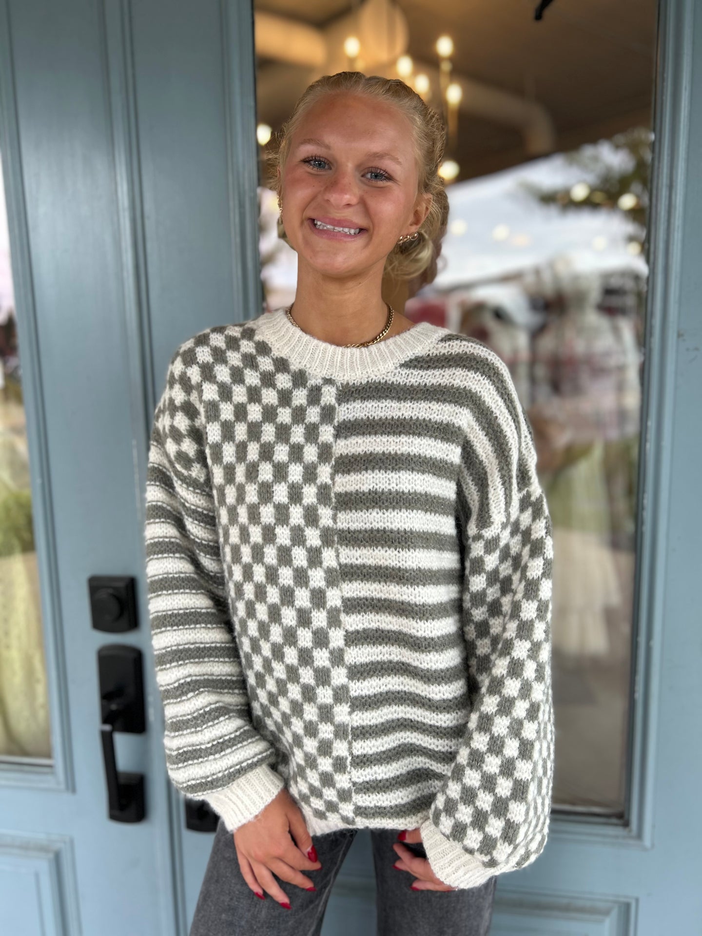 CHECKERED CREW KNIT SWEATER