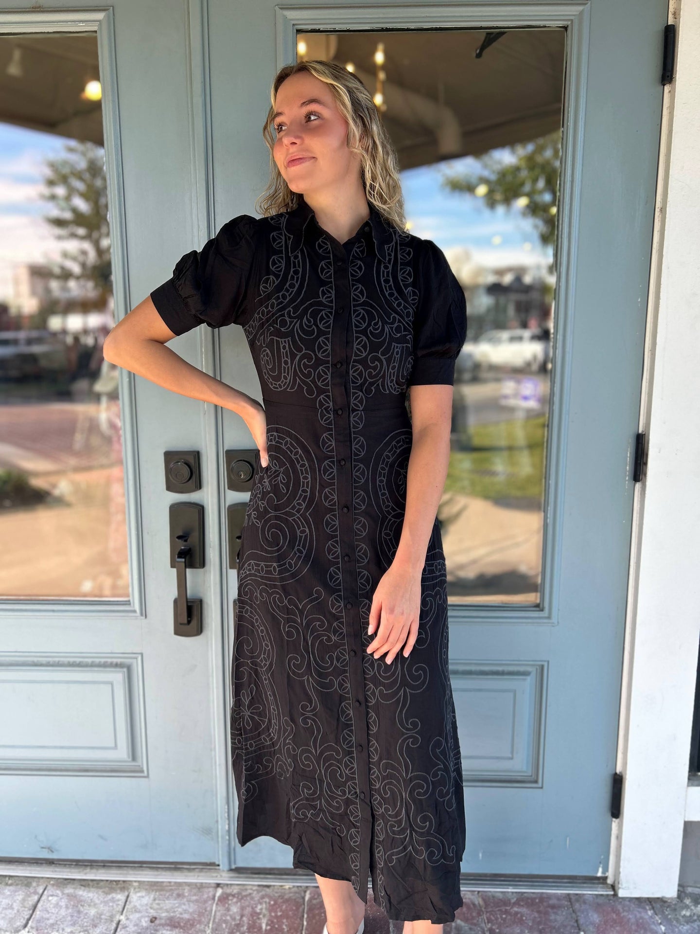 BUTTON UP MAXI DRESS WITH EMB DETAIL