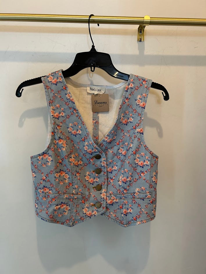 Floral Print Washed Denim Crop Vest