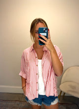 Load image into Gallery viewer, Rayon Striped Short Sleeve Button Up Shi
