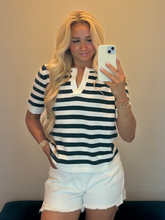 Load image into Gallery viewer, Split Neck Stripe Short Sleeve Sweater
