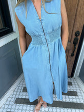 Load image into Gallery viewer, Zip Front Denim Midi Dress
