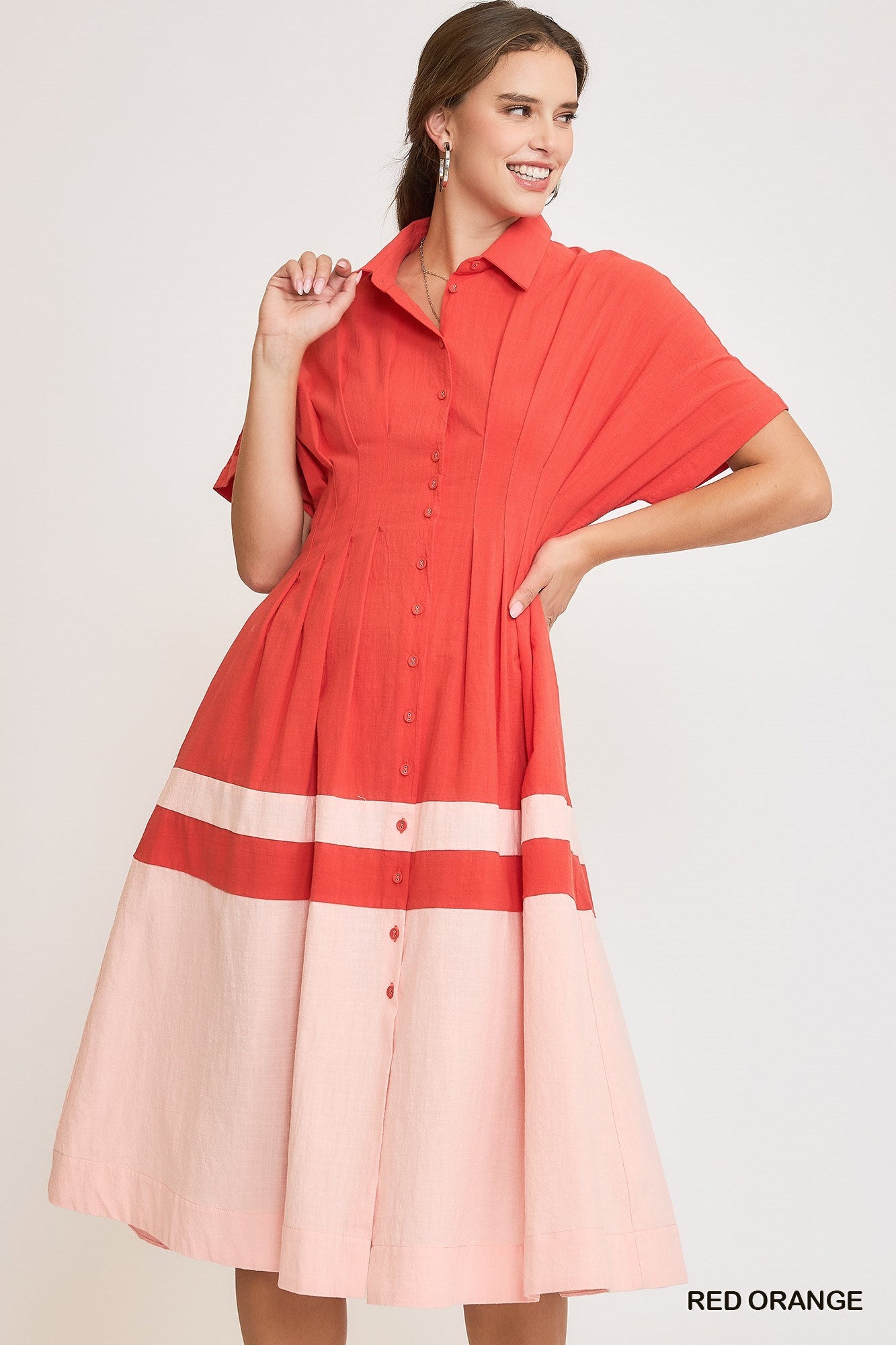 Colorblocked Midi Dress with Pleated Detail