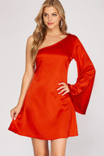 Load image into Gallery viewer, One Shoulder Bell Sleeve Satin Dress
