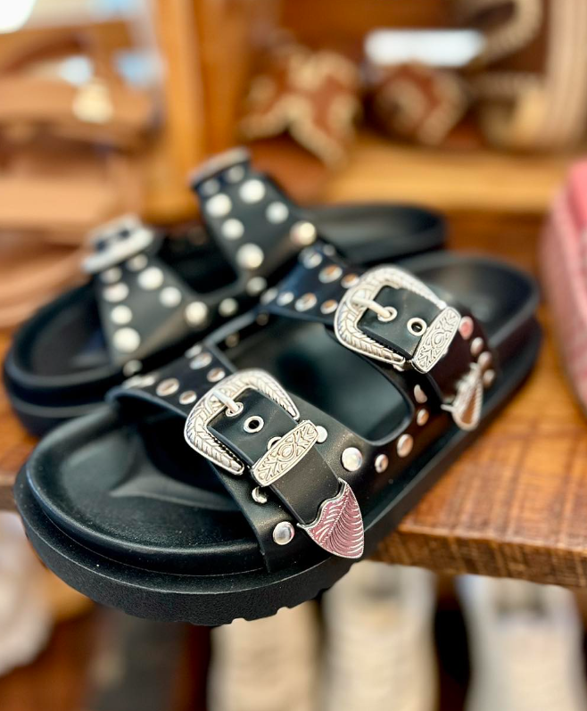 Studded Double Buckle Flat