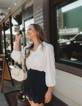 Load image into Gallery viewer, 3/4 Sleeve Ruffle Trim Pintuck Top

