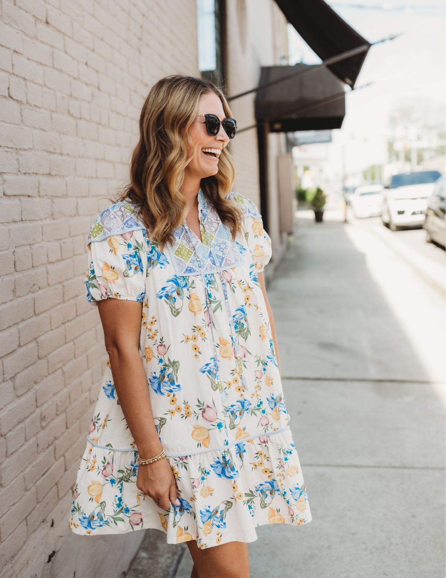 Floral Patchwork Babydoll Dress Blue / S Floral Patchwork Babydoll Dress Blue / S