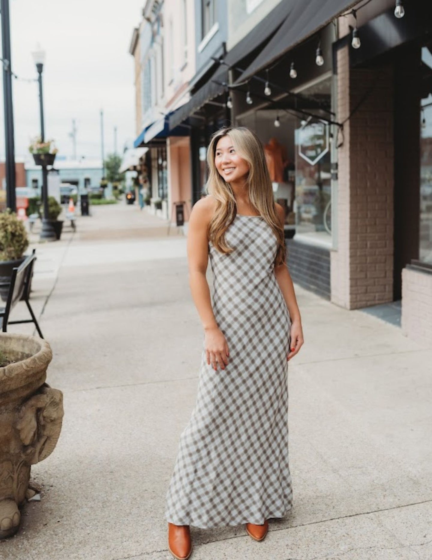 Plaid Spaghetti Strap Midi Dress Khaki / L