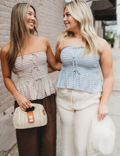 Load image into Gallery viewer, Plaid Strapless Front Tie Ruffle Hem Top
