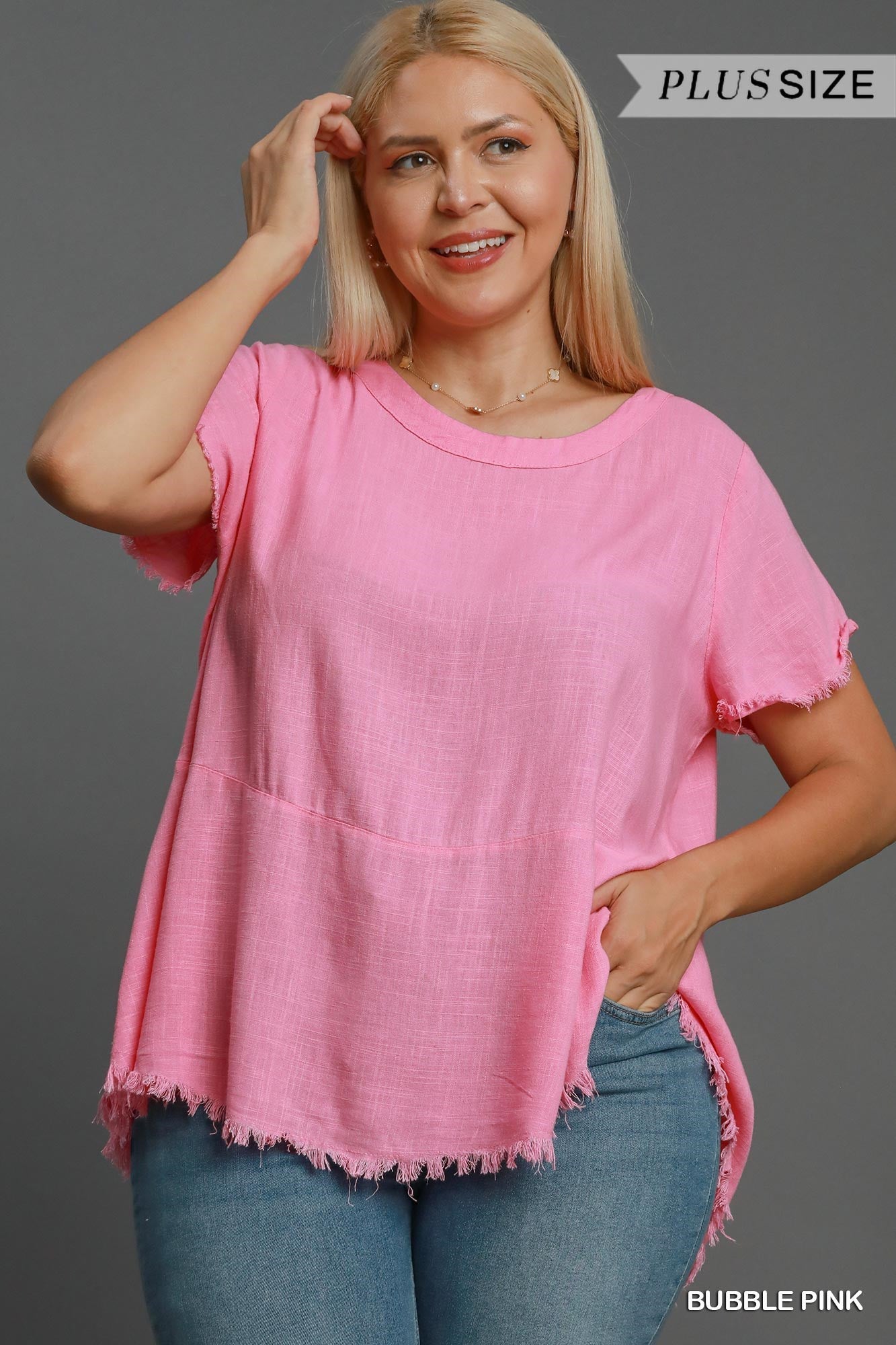 PLUS Linen Short Sleeve Top with Frayed