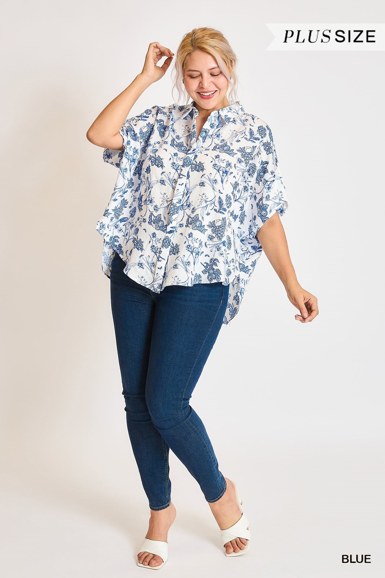 PLUS Two Tone Floral Print Button Down T