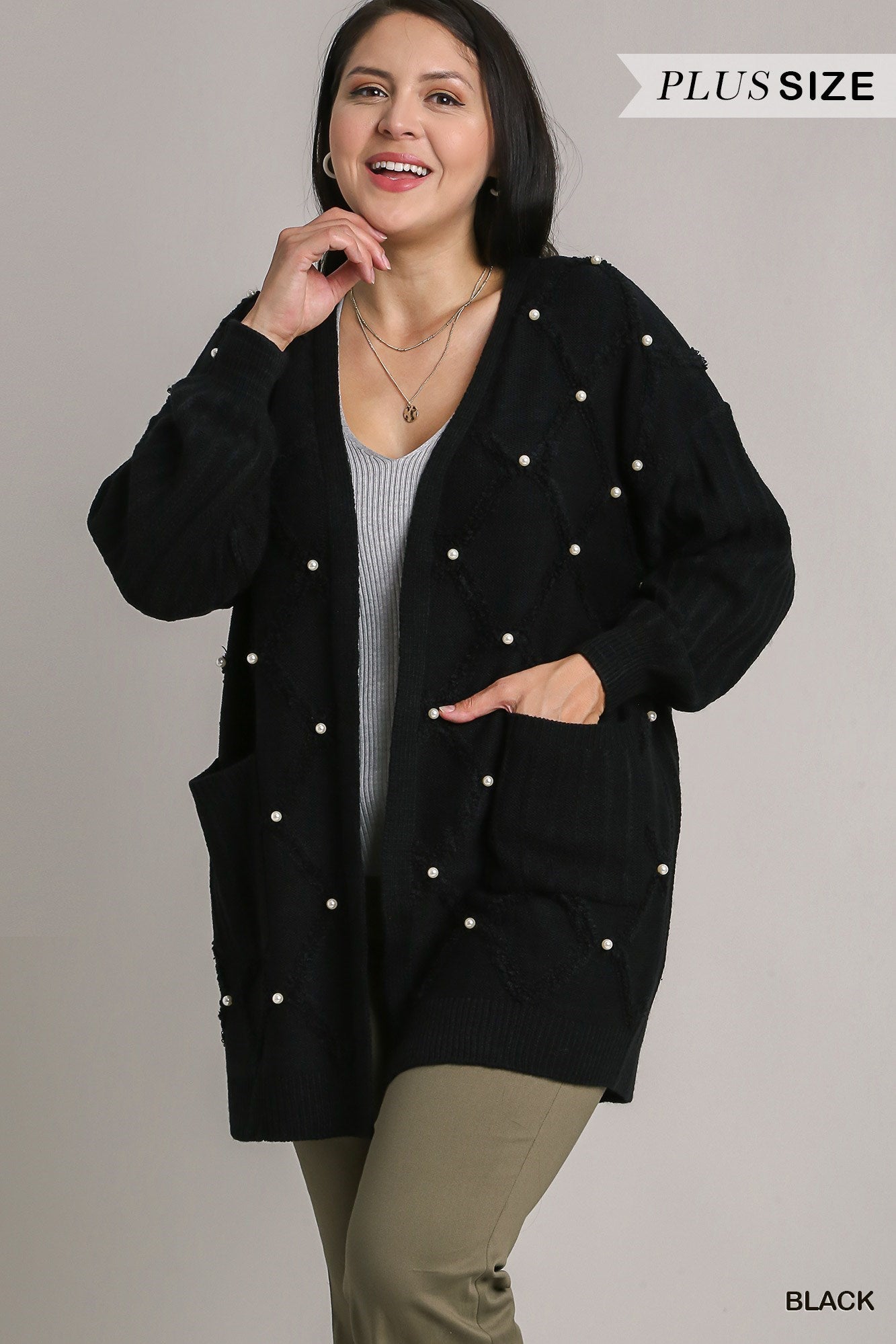 PLUS Cable Knit Open Front Cardigan with