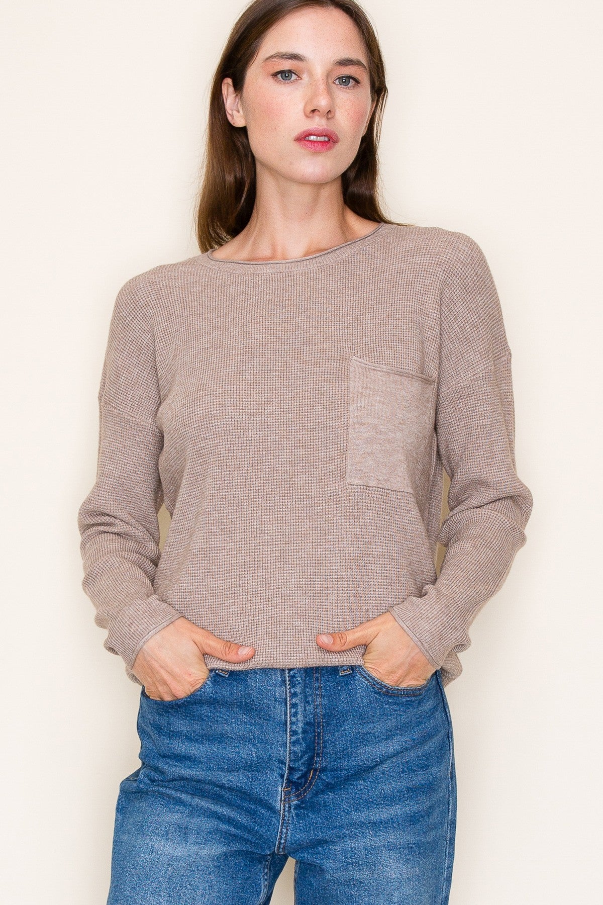 Waffle Textured Chest Pocket Crew Neck