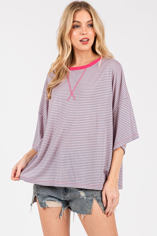 Contrast Band Striped Shirts Casual Top
