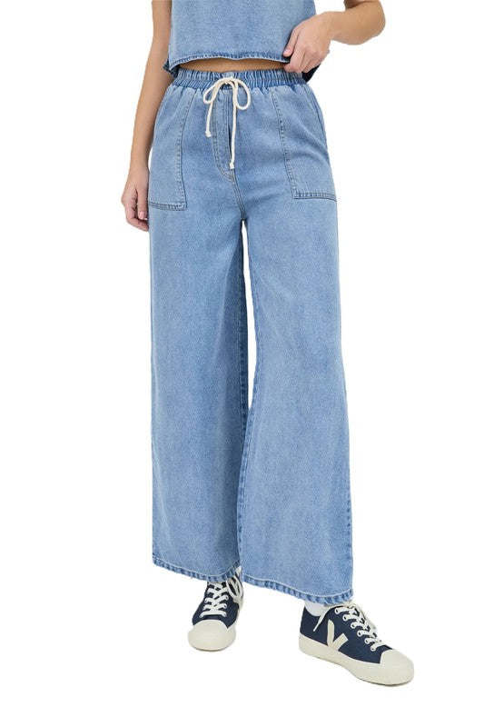 High Waist Wide Leg Washed Chambray Pant